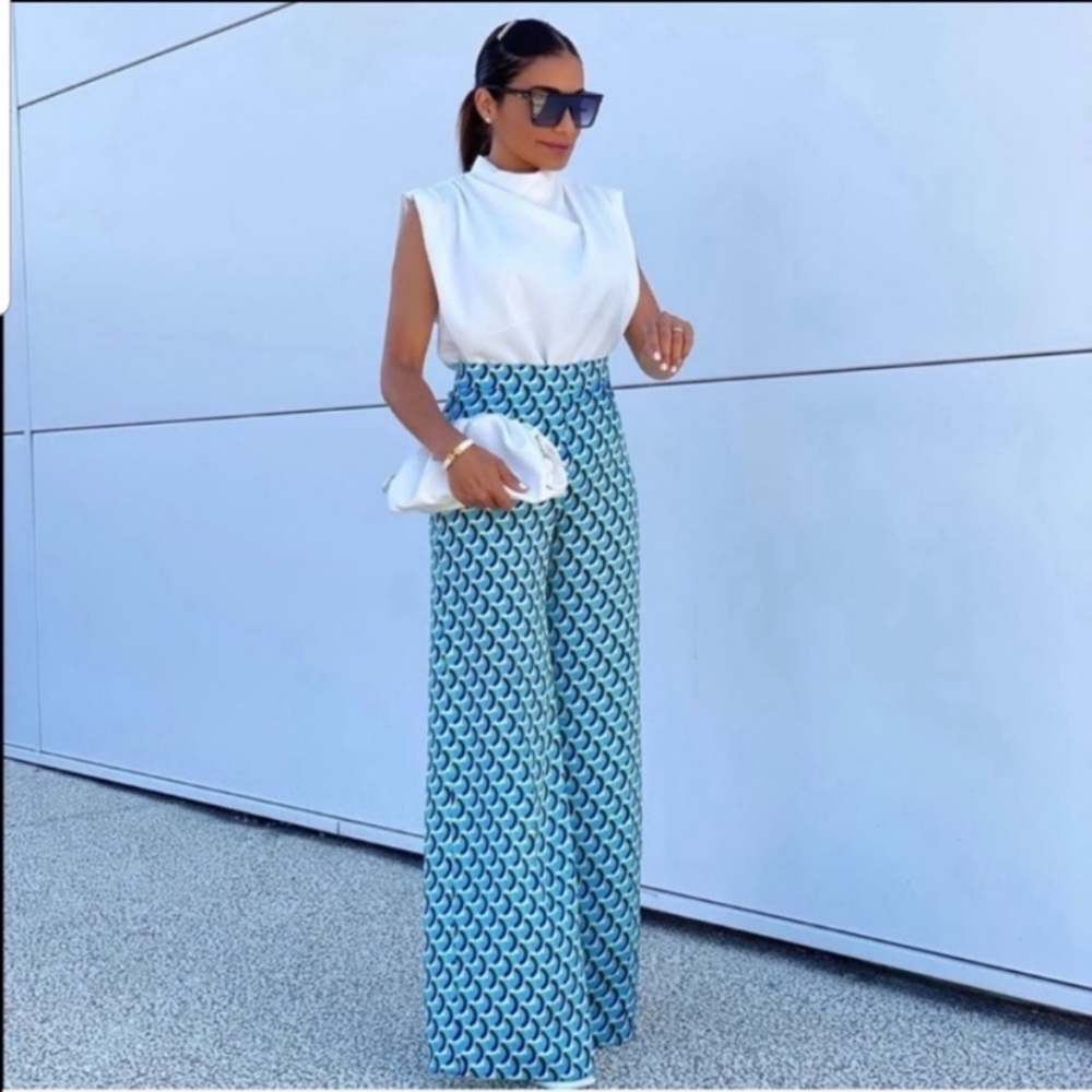 NEW Zara Blue Geometric Wide Leg Pant S Trousers M